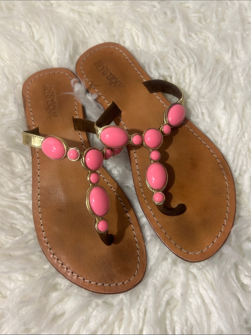Mystique Boutique Gold-Tone Sandals with Pink Gem Accents size 7